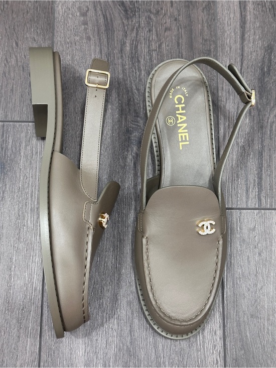 CHANEL Shoes - 2026 CHANEL KHAKI OLIVE GREEN LEATHER LOAFER SLINGBACK SHOES GOLD STRASS CC 40.5